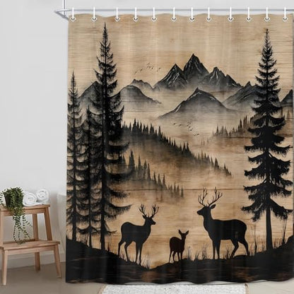 Rustic Deer Shower Curtain, Cabin Country Wood Lodge Hunting Wild Animal Vintage Farmhouse Hunting Camping Camper RV Bathroom Decor Polyester Fabric Mens Bath Curtain Set with Hooks,60X70IN