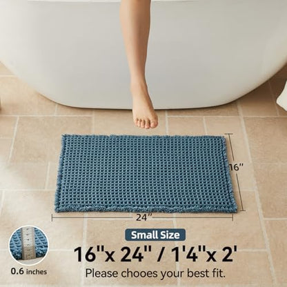 Triohero Waffle Bath Mat, Small Boho Bathroom Rugs, 16x24 Denim Blue