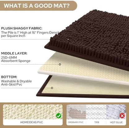 HOMEIDEAS Brown Chenille Bathroom Rugs Set of 3, Non Slip Bath Mat
