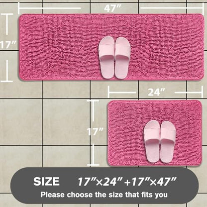 Bathroom Rugs Sets 2 Piece – Absorbent and Washable Bath Mat, Non-Slip, Thick Soft Chenille Bath Rugs for Bathroom Floor, Shower, Sink(17" x 24"+17" x 47", Hot Pink)