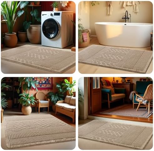 Waffle Bath Mat, Boho Woven Modern Bath Rug Absorbent Non Slip, Ultra Soft Bathroom Mats, Machine Washable Knit Bath Rugs Vertical Stripes with Ripples for Bathroom, Bedroom, Kitchen, 36"x24", Beige