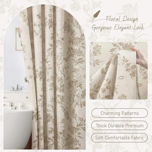 Beige Floral Shower Curtain,Vintage Linen Cottagecore Shower Curtains for Bathroom, 72" W x 72" L