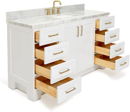Emilia 60 Inch Bathroom Vanity Single Sink — White Bathroom Vanity with Sink, 1.5" Edge Italian Carrara Marble Countertop, Solid Wood, 2 Soft-Close Doors, 9 Dovetail Drawers