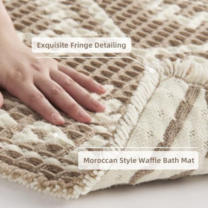 PADOOR-Waffle Bathroom Runner 24"x48", Super Absorbent Bath Mats for Bathroom, Machine Washable Non Slip Bath Rug with Tassels, Soft Bath Mat for Laundry Room, Bedroom, Brown & Cream, 2'x 4'