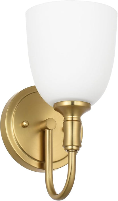 Gold Vintage Traditional 1-Light Indoor Wall Sconce with Frosted Glass Bathroom Bedroom Hallway, 10.6" H x 5.3" W, Aged Brass