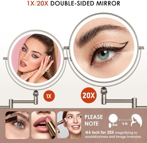 ZLOKLA 9" Wall Mounted Lighted Makeup Mirror,4000mAh Rechargeable Double Sided 1X/20X Magnifying Mirror with Light,Touch Dimmable,Extended Arm 360 Rotation Wall Mounted Makeup Mirror 3 Color Lights-N