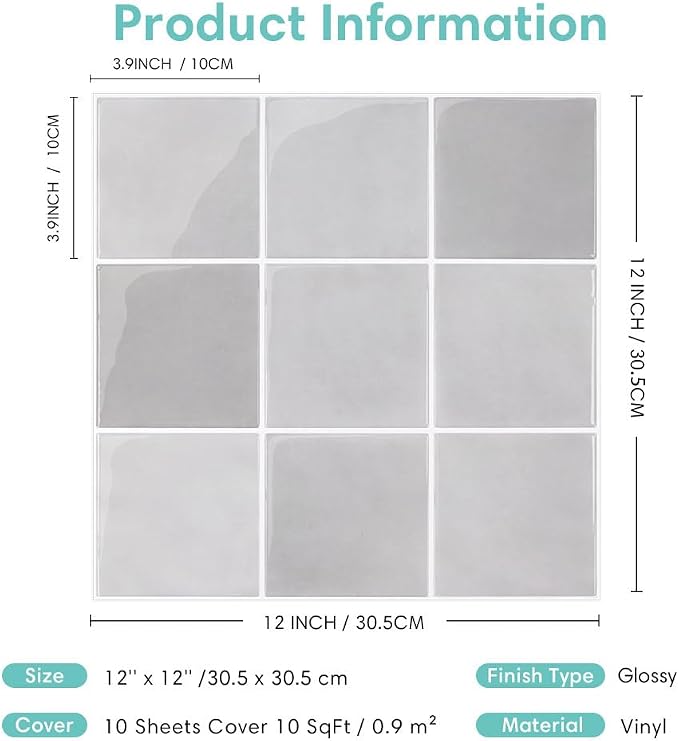 Commomy Thicker Gray Peel and Stick Tiles - 10 pcs of 12" x 12" - 3D Adhesive Square Peel and Stick Tiles Backsplash for Kitchen, Bathroom, Removable, Waterproof, Vinyl Wall Tile (Gray)