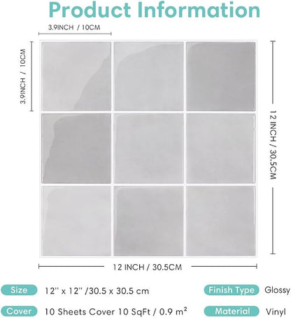 Commomy Thicker Gray Peel and Stick Tiles - 10 pcs of 12" x 12" - 3D Adhesive Square Peel and Stick Tiles Backsplash for Kitchen, Bathroom, Removable, Waterproof, Vinyl Wall Tile (Gray)