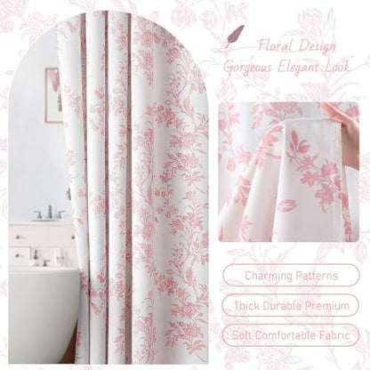 Pink Floral Shower Curtain,Vintage Cotton Cottagecore Shower Curtains for Bathroom, 72" W x 72" L