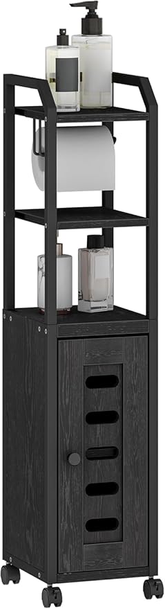 Bathroom Storage Cabinet - Toilet Paper Storage Cabinet, Small Toilet Paper Holder with 4 Wheels, Bathroom Organizer with Adjustable Shelf, for Small Spaces, Black BC04604X