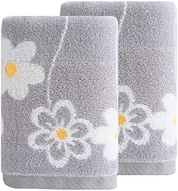 YiLUOMO Flower Pattern Grey Hand Towels 100% Cotton Ultra Absorbent Hand Towels for Bathroom(2 Pieces, 13" X 29")