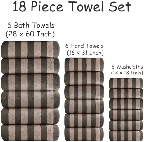 18 Pcs Brown Cabana Stripe Bath Towel Set with Hanging Loop-6 Bath Towels,6 Hand Towels,6 Washcloths Soft Microfiber Family Towels Highly Absorbent Quick Dry Shower Towel for Bathroom Beach Spa Gym