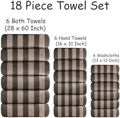 18 Pcs Brown Cabana Stripe Bath Towel Set with Hanging Loop-6 Bath Towels,6 Hand Towels,6 Washcloths Soft Microfiber Family Towels Highly Absorbent Quick Dry Shower Towel for Bathroom Beach Spa Gym