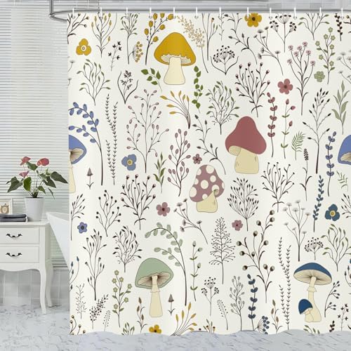deFouliao Mushroom Shower Curtain, Boho Floral Waterproof Shower Curtain for Bathroom Bathtub Home Curtain Decor with Hooks, Machine Washable, 72''Wx84''L