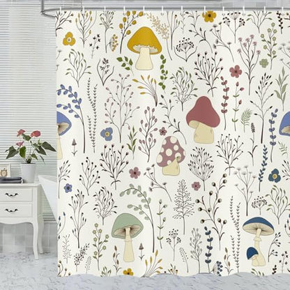 deFouliao Mushroom Shower Curtain, Boho Floral Waterproof Shower Curtain for Bathroom Bathtub Home Curtain Decor with Hooks, Machine Washable, 72''Wx78''L