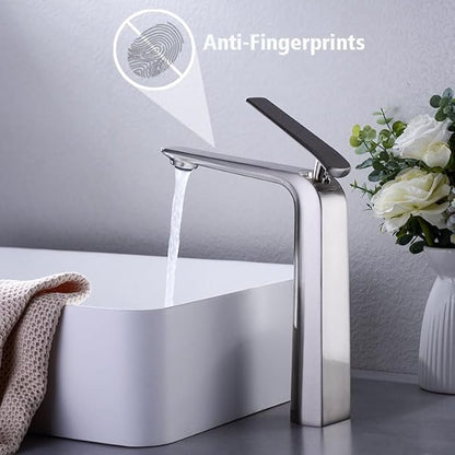 TOCALOCA Tall Vessel Sink Faucet, Premium Brass Mixer Tap Brushed Nickel Single Handle Vanity Faucet 1 Hole, Modern Commercial Anti-Fingerprints