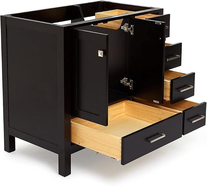 ARIEL Cambridge 36-inch Bathroom Vanity Base Cabinet,Solid Wood, 2 Soft Closing Doors, 5 Dovetail Drawers, Espresso