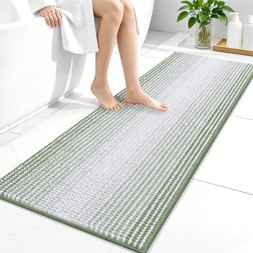 OLANLY Bathroom Runner Rugs 47x20, Chenille Striped Bath Rugs, Sage Green