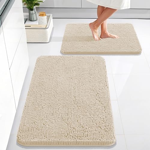 OLANLY Chenille Bathroom Rugs Mats Sets 2 Piece, 30"x20"+24"x16", Sand