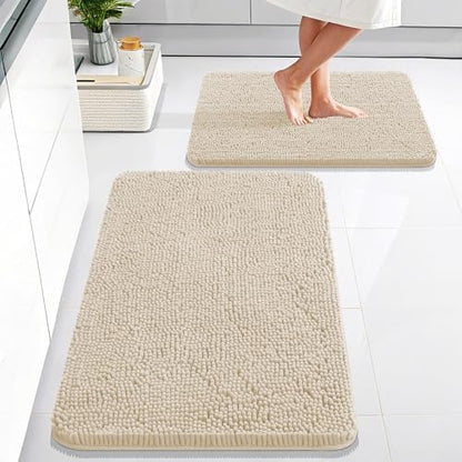 OLANLY Chenille Bathroom Rugs Mats Sets 2 Piece, 30"x20"+24"x16", Sand
