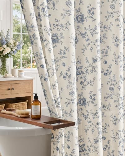 jinchan Linen Shower Curtain for Bathroom with 12 Hooks, Blue, 70x72