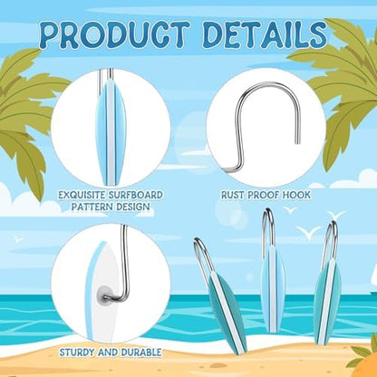 Amyhill 12 Pcs Surfboard Shower Curtain Hooks Decorative Shower Curtain Rings Stainless Steel Resin Sea Theme Bathroom Decor Suitable for Home Bedroom