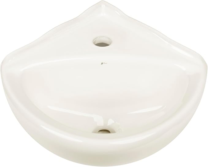Biscuit Ceramic Wall Hung Corner Sink - Wall Mounted Bathroom Sink with Concealed Round Overflow - 16.5" x 15" Modern Style Small Sink w/Single Faucet Hole
