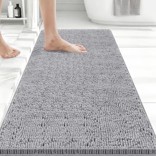 Bcoimo Bath Rug Mat,44x24 Chenille Non Slip Gray Long Bathroom Runner Rugs