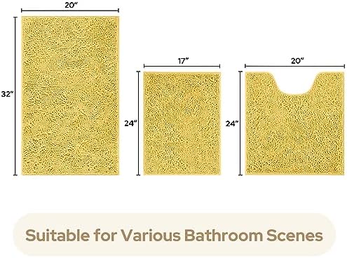 HOMEIDEAS Yellow Chenille Bathroom Rugs Set of 3, Non Slip Bath Mat