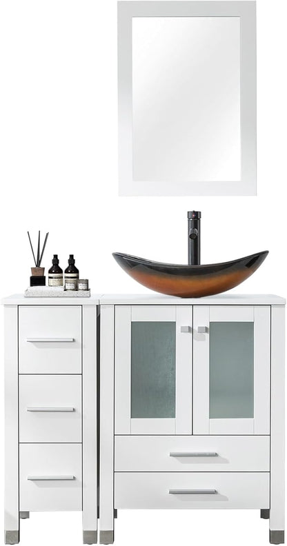 LUCKWIND 36" Bathroom Vanity with Sink Combo, 24-inch Main Cabinet with 12.6-inch Side Cabinet, Painted Bathroom Storage Cabinet with 5 Drawers, Including Brown Boat Sink Without Mirror, White