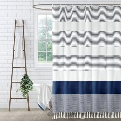 Navy Blue Coastal Ocean Cotton Striped Shower Curtain with Tassel 72W X 78L