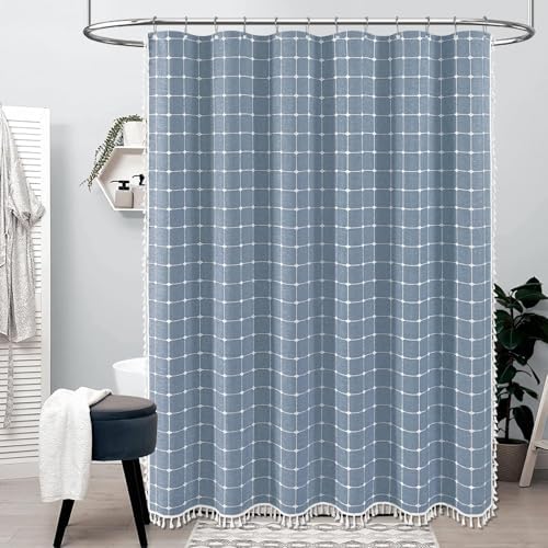 BTTN 54x72 Boho Farmhouse Linen Heavy Duty Fabric Shower Curtain Set, Blue
