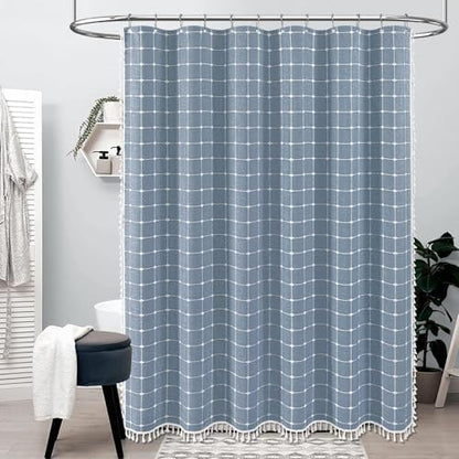 BTTN 54x72 Boho Farmhouse Linen Heavy Duty Fabric Shower Curtain Set, Blue