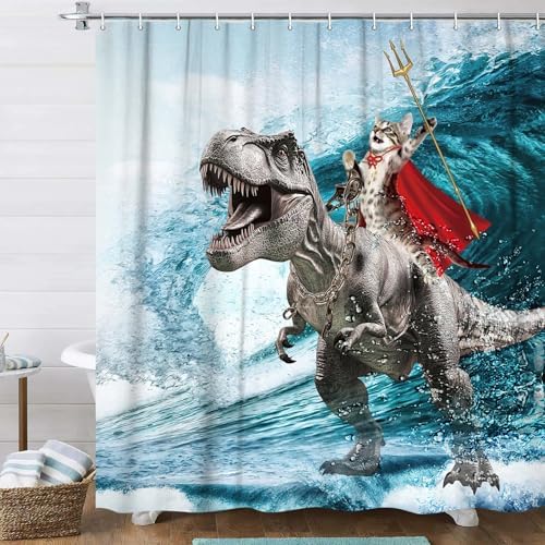 Funny Cat Shower Curtain, Cool Cat Dinosaur Japanese Ocean Wave Shower Curtain, Cat Riding Dinosaur Fun Shower Curtain Nautical Kids Children Rustic Wooden Farmhouse Shower Curtain, 72X84inch, Blue