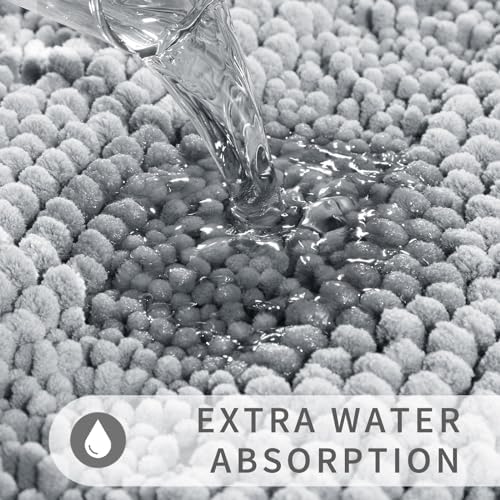 Yimobra Bathroom Rug Mat 32 x 20, Non Slip and Super Absorbent Bath Mat,Machine Washable Quick Dry,Ultra Plush Chenille Shower Rugs for Bathroom Floor Sink Tub and Shower Outside,Silver
