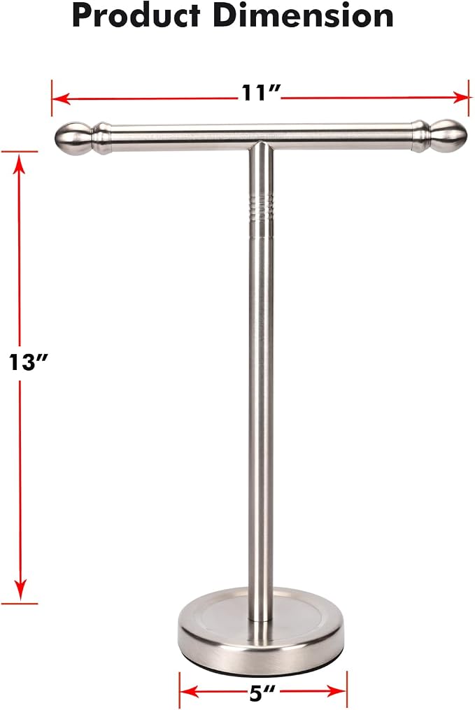 Hand Towel Holder, T-Shape Hand Towel Stand for Bathroom, Stand Hand Towel Rack Free-Standing Towel Bar for Bathroom Kitchen Countertop, Stainless Steel (Brushed Nickel)