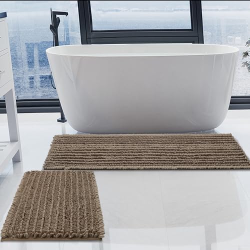 Luxury Chenille Taupe Bathroom Rugs Sets 2 Piece, Thickened Hot Melt Rubber Bottom Bath Mats for Bathroom Non Slip,Bath Rugs Quick Dry Machine Washable for Shower Mat (47"x17"+17"x24")