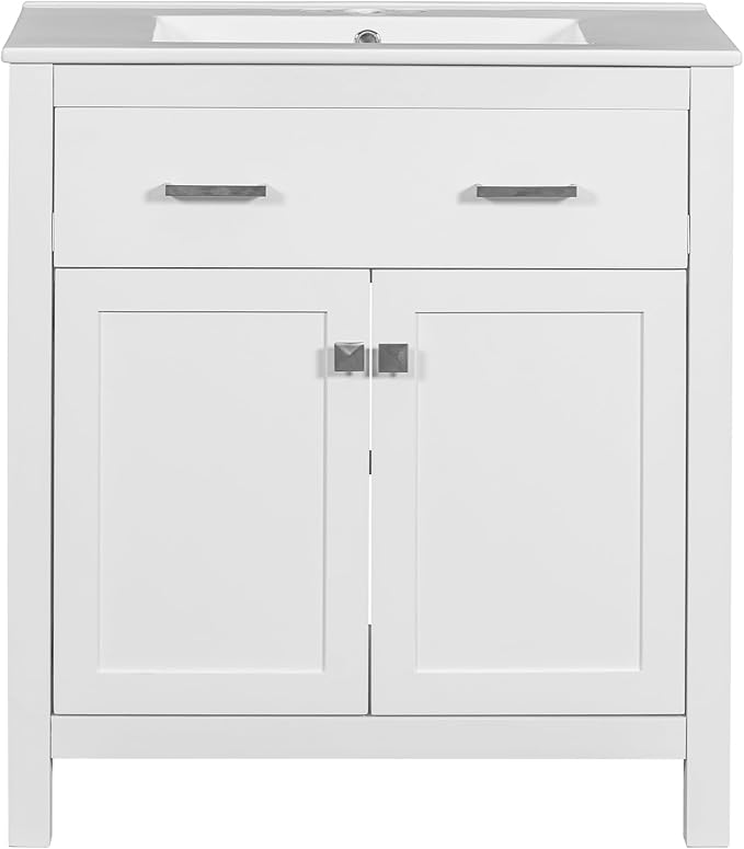 Favfurish 30" Bathroom Vanity with Ceramic Sink,Undermount Single Basin Bath Vanity Set w/1 Flip-Out Drawer and 2 Soft-Close Doors,Modern Solid Wood Storage Cabinet w/Adjustable Shelf,White