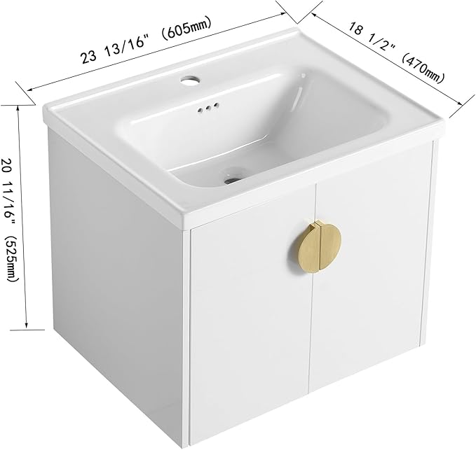 24inch Wall Mount Bathroom Vanity w/Sink Combo for Small Space, Ceramic Countertop Double Doors Modern Bathroom Vanity Cabinet, Floating White Bathroom Vanity and Sink Set w/Gold Handle