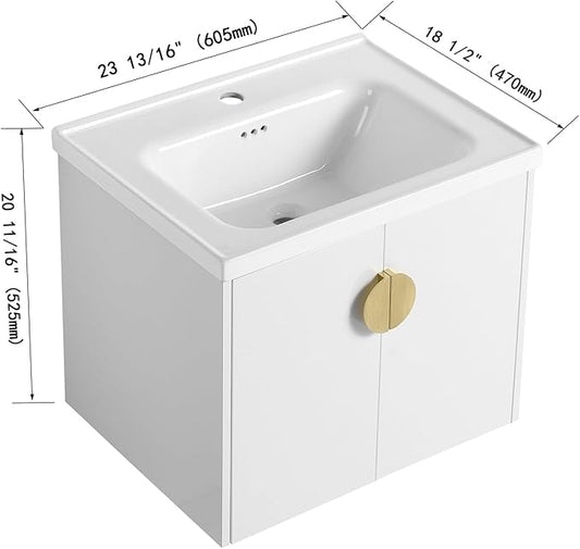 24inch Wall Mount Bathroom Vanity w/Sink Combo for Small Space, Ceramic Countertop Double Doors Modern Bathroom Vanity Cabinet, Floating White Bathroom Vanity and Sink Set w/Gold Handle