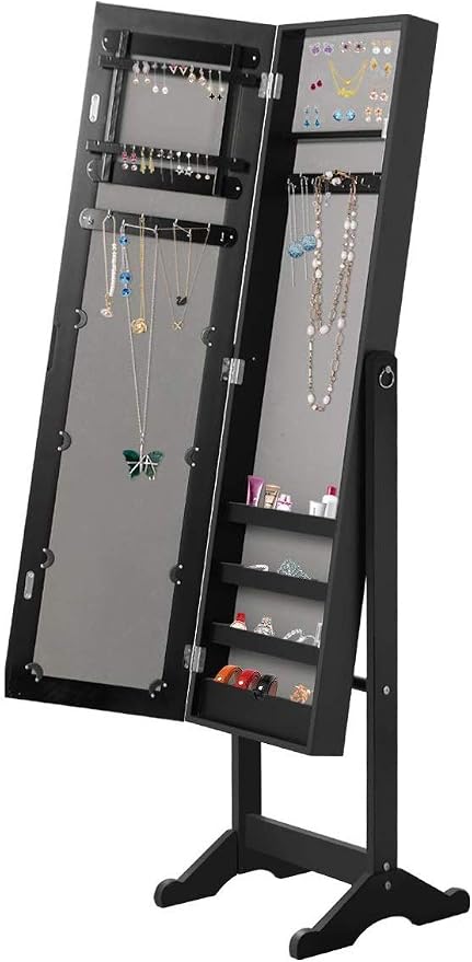 HOMGX Wood Standing Jewelry Cabinet, Jewelry Armoire with Mirror, Jewelry Organizer Storage (Black)