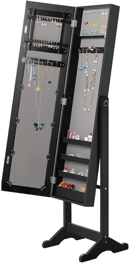 HOMGX Wood Standing Jewelry Cabinet, Jewelry Armoire with Mirror, Jewelry Organizer Storage (Black)