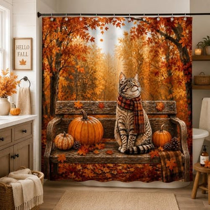 Fall Cat Shower Curtain, Autumn Forest Pumpkin Thanksgiving Bathroom Curtains, Rustic Farmhouse Maple Leaves Cozy Waterproof Polyester Fabric Shower Curtain with Hooks 72x72 Inch