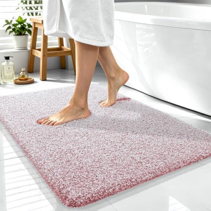 OLANLY Microfiber Bathroom Rugs 40x32, Quick Dry Mat, Deep Rose and White