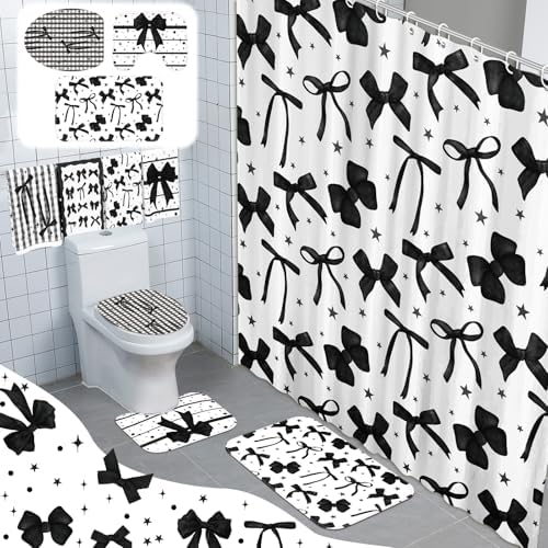 FuWeave 8 Pcs Black Shower Curtain Set Aesthetic Bow Knot Bathroom Decor Pretty Coquette Waterproof Shower Curtain Modern Minimalist Towels Non Slip Rug Toilet Lid Cover Bath Mat with 12 Hooks