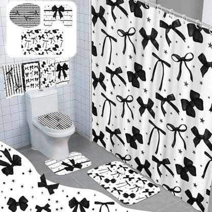 FuWeave 8 Pcs Black Shower Curtain Set Aesthetic Bow Knot Bathroom Decor Pretty Coquette Waterproof Shower Curtain Modern Minimalist Towels Non Slip Rug Toilet Lid Cover Bath Mat with 12 Hooks