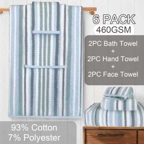 VOOVA & MOVAS Striped Towels 6 Pack, 100% Cotton, Blue