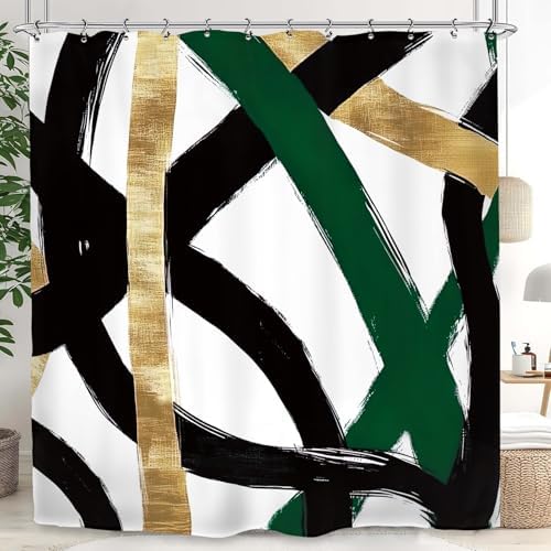 Abstract Emerald Green Black Gold Shower Curtain 72Wx84L Inch Modern Minimalist Contemporary Geometric Extra Long Bathroom Set Accessories Decor with 12 Pack Hooks