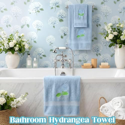 3 Pcs Hydrangea Floral Bathroom Towel Set Farmhouse Embroidered Hydrangea Floral Towels Vintage Decorative 100% Cotton Bath Towel Highly Absorbent Elegant Decor Set for Bathroom