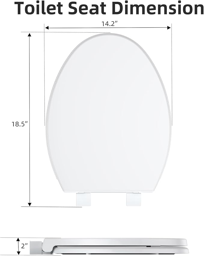 19" Elongated Toilet Seat with Quiet-Close Lid, Soft Close Slow Close Cover with Quick-Release & Quick-Attach Hardware, Full Flat White, Easy Clean Design, Grip-Tight Bumpers